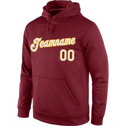 Custom Name Number Sports Hoodie Burgundy White-Gold Stitched Pullover Sweatshirt Personalized Stitched Burgundy White-Gold