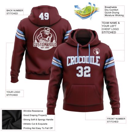 Custom Team Name Number Sweatshirt Hoodie - Personalized Burgundy White-Light Blue Stitched Football Pullover Personalized