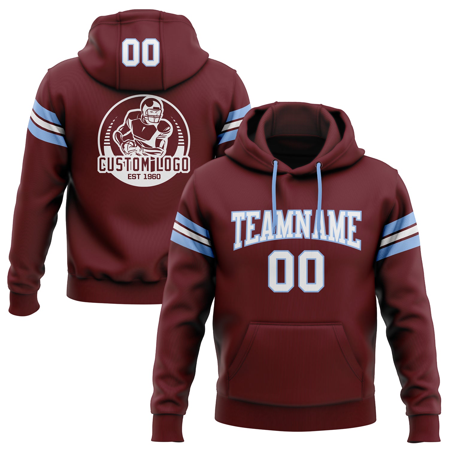 Custom Team Name Number Sweatshirt Hoodie - Personalized Burgundy White-Light Blue Stitched Football Pullover Personalized