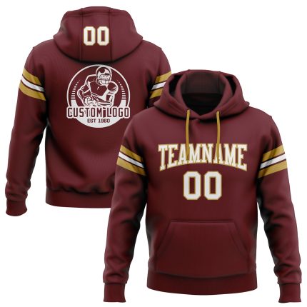 Custom Team Name Number Burgundy White Gold Hoodie Sweatshirt Pullover Football Personalized Personalized Stitched Burgundy
