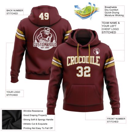 Custom Team Name Number Burgundy White Gold Hoodie Sweatshirt Pullover Football Personalized Personalized Stitched Burgundy