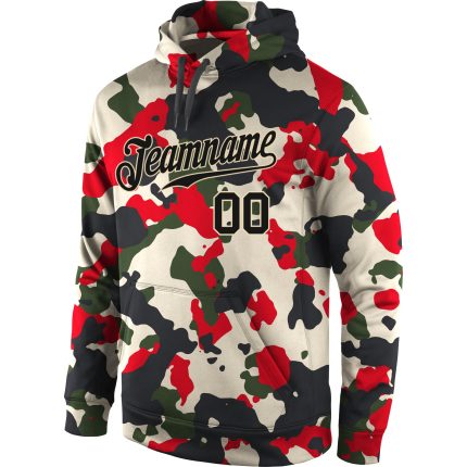 Custom black and cream military-inspired pullover hoodie, back view
