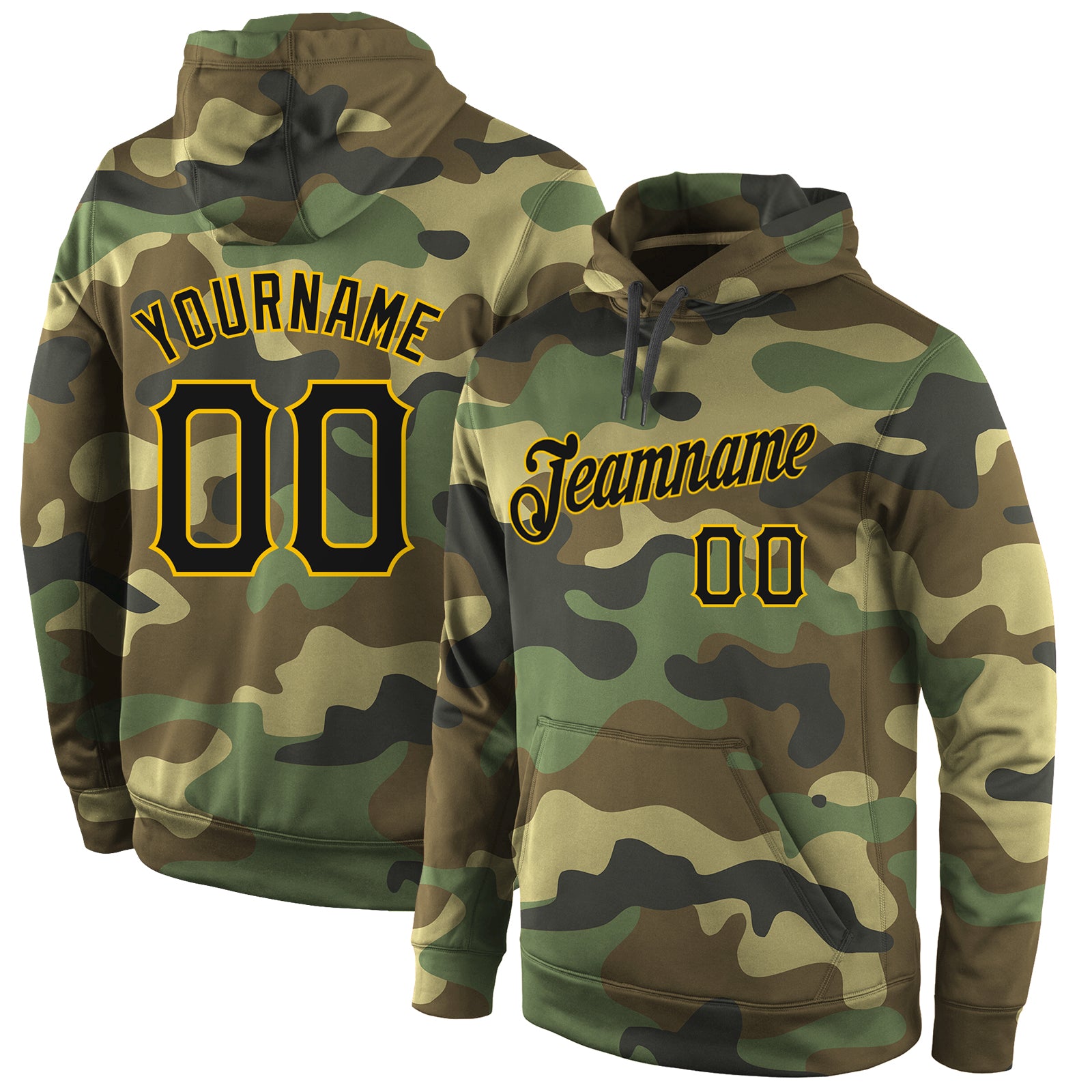 Custom Name Number Camo Hoodie Salute to Service Black Gold Sports Pullover Sweatshirt Personalized Stitched Camo Black-Gold
