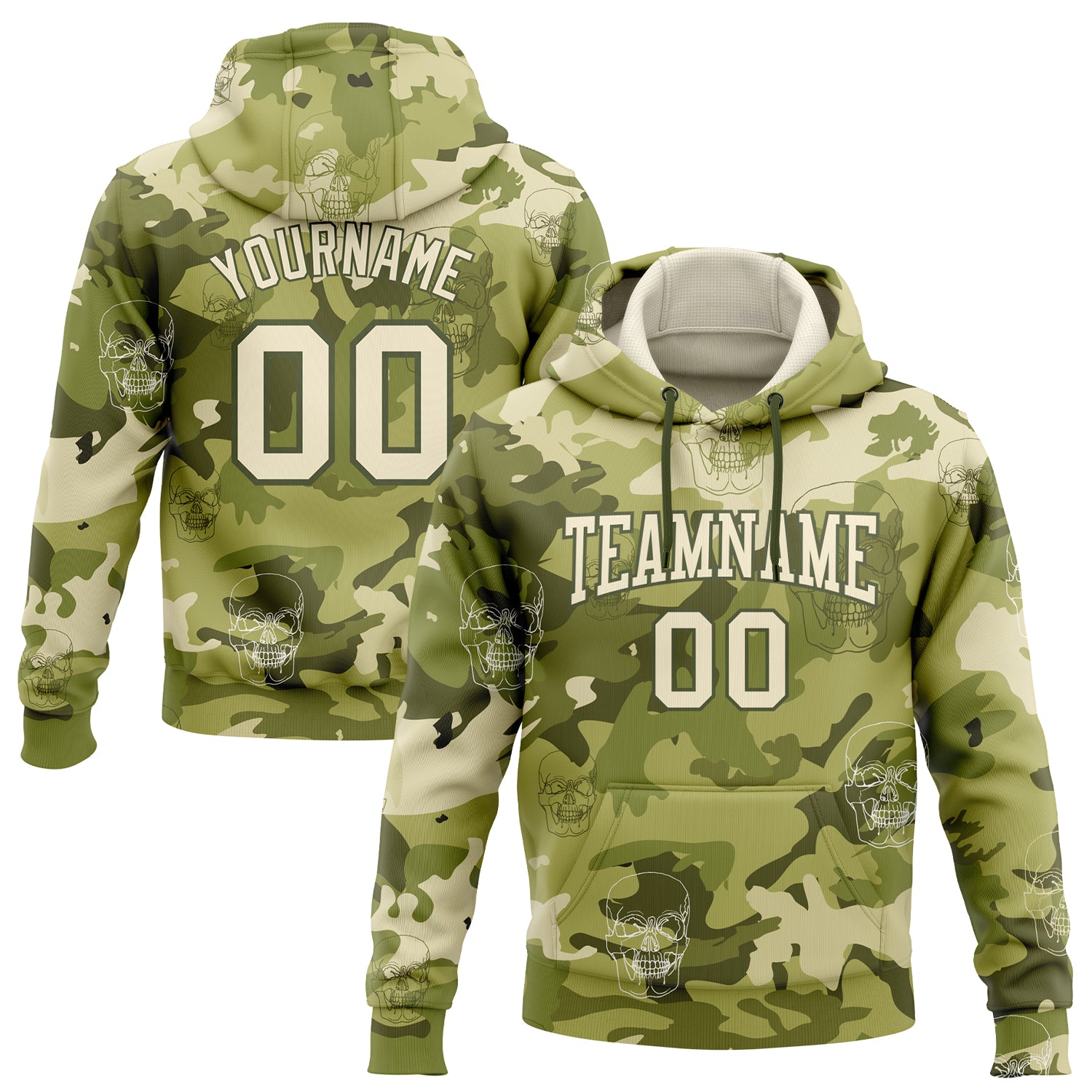 Custom Name Number 3D Skull Hoodie Sweatshirt, Personalized Camo Cream-Olive Pullover Fashion Sports Style Personalized Stitched