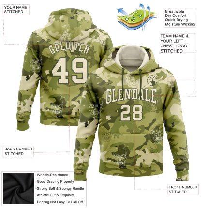 Custom Name Number 3D Skull Hoodie Sweatshirt, Personalized Camo Cream-Olive Pullover Fashion Sports Style Personalized Stitched