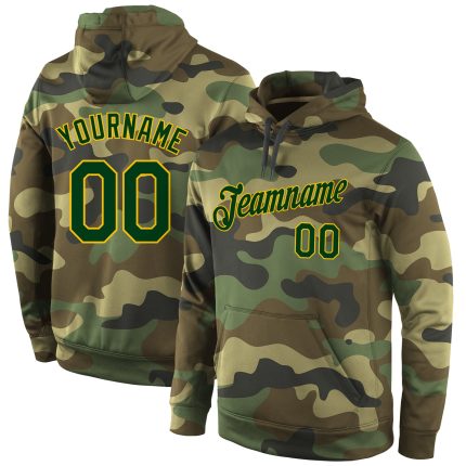 Custom Name Number Hoodie Personalized Camo Green Gold Sports Pullover Sweatshirt for Teams Personalized Stitched Camo Green-Gold