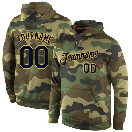 Custom Name and Number Camo Navy Gold Sports Hoodie Pullover Sweatshirt Salute to Service Personalized Stitched Camo Navy-Gold