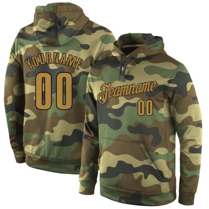 Custom Camo Hoodie with Name & Number - Old Gold & Black Stitched Pullover Sweatshirt - Salute to Service Team Apparel Personalized