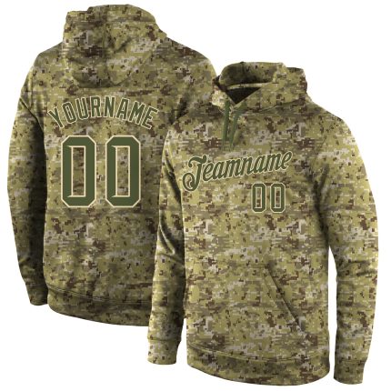 Custom Name Number Pullover Hoodie Stitched Camo Olive-Cream Sports Sweatshirt Salute to Service Personalized Stitched Camo