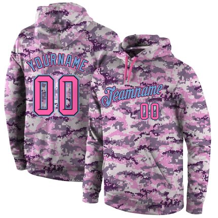 Custom Name Number Hoodie - Personalized Camo Pink Light Blue Pullover Sweatshirt - Salute to Service Team Apparel Personalized