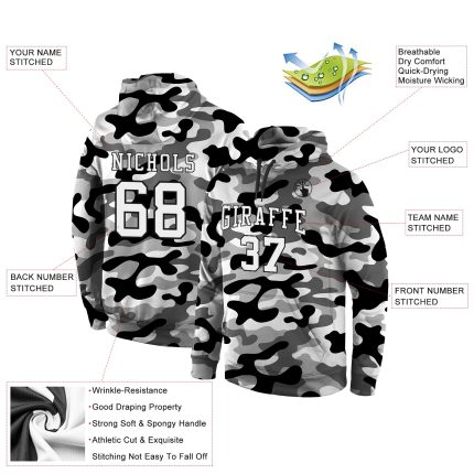 Custom Name & Number Pullover Hoodie, Personalized Camo 3D Sports Sweatshirt, Salute to Service, White-Black Personalized