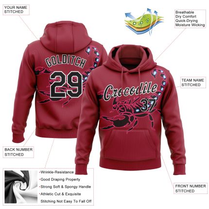 Custom Name and Number Scorpio Sports Hoodie Sweatshirt with Personalized Stitched Cardinal 3D Pattern Design Black-White