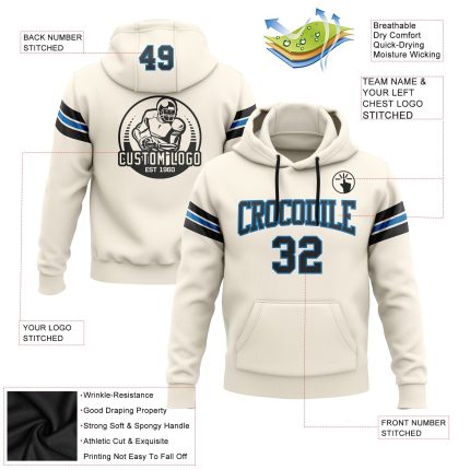 Custom Name Number Football Hoodie Sweatshirt Pullover Black Blue Cream Stitched Team Apparel Personalized Stitched Cream