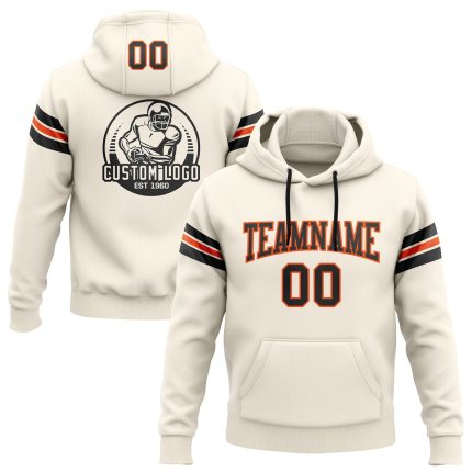 Custom Team Football Hoodie Personalized with Name and Number, Stitched Cream Black-Orange Pullover Sweatshirt Personalized