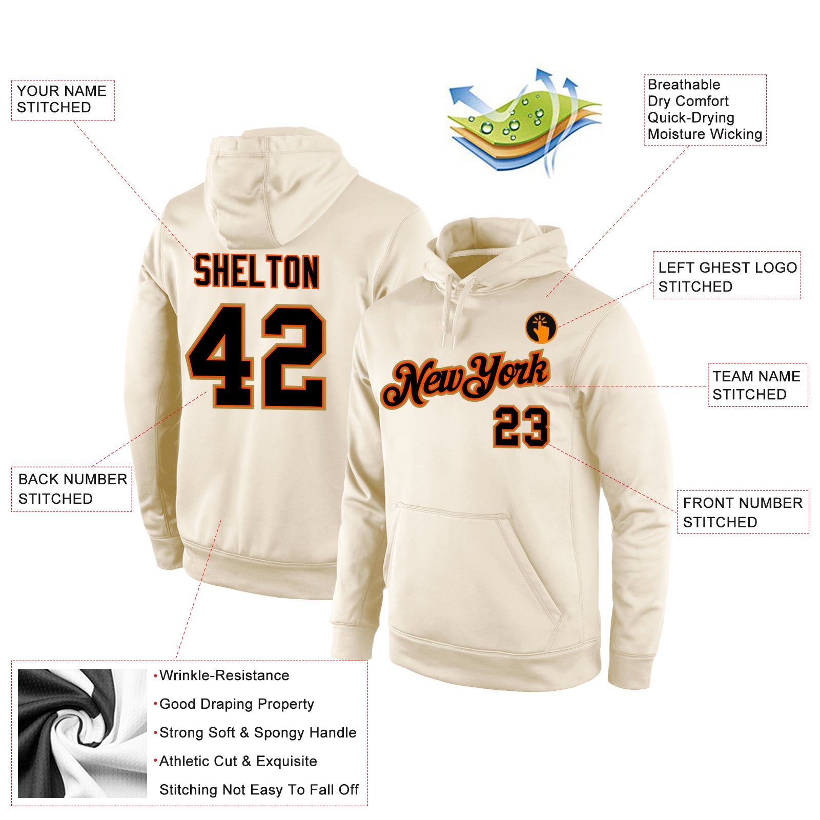 Personalized Stitched Cream Black-Orange Sports Pullover Sweatshirt Hoodie Team Custom Name and Number Custom Team Name Number Pullover Hoodie - Personalized Cream Black-Orange Stitched Sports Sweatshirt Personalized Stitched - Image 4