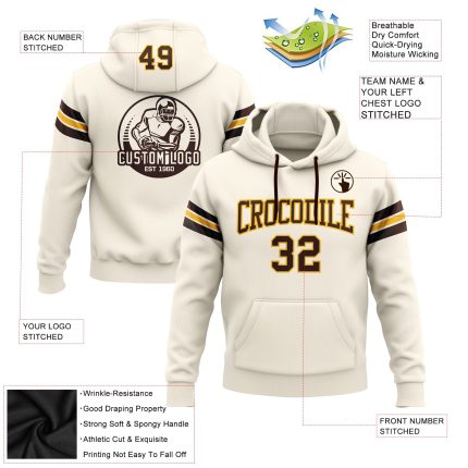 Custom Name Number Football Hoodie Stitched Cream Brown-Gold Pullover Sweatshirt for Team Support Personalized Stitched Cream