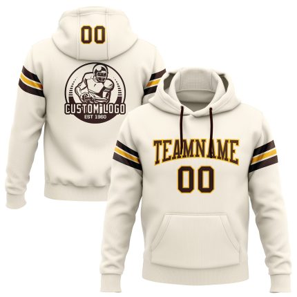 Custom Name Number Football Hoodie Stitched Cream Brown-Gold Pullover Sweatshirt for Team Support Personalized Stitched Cream