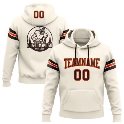 Custom Name Number Football Hoodie Sweatshirt Personalized Cream Brown-Orange Stitched Pullover Personalized Stitched Cream