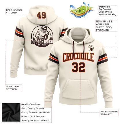 Custom Name Number Football Hoodie Sweatshirt Personalized Cream Brown-Orange Stitched Pullover Personalized Stitched Cream