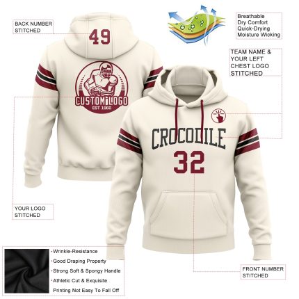 Custom Team Hoodie - Personalized Crimson Black Football Sweatshirt with Name & Number, Cream Pullover Personalized Stitched