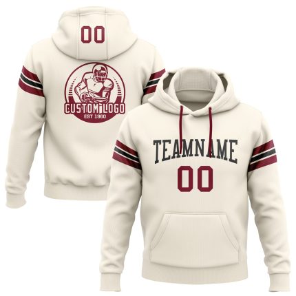 Custom Team Hoodie - Personalized Crimson Black Football Sweatshirt with Name & Number, Cream Pullover Personalized Stitched