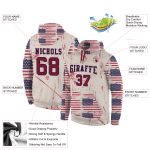 Custom 3D American Flag Pullover Hoodie with Name and Number, Cream Crimson-Navy Sports Sweatshirt for Team Personalized