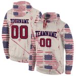 Custom 3D American Flag Pullover Hoodie with Name and Number, Cream Crimson-Navy Sports Sweatshirt for Team Personalized