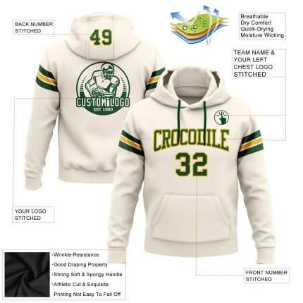 Custom Football Hoodie with Stitched Name and Number in Cream Green-Gold Pullover Sweatshirt Personalized Stitched Cream