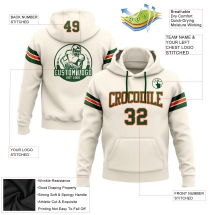 Custom Stitched Football Hoodie with Personalized Name and Number - Cream Green-Orange Pullover Sweatshirt Personalized Stitched