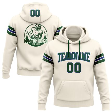 Custom Name Number Royal Green Cream Football Hoodie Pullover Sweatshirt - Personalized Team Apparel Personalized Stitched