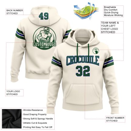 Custom Name Number Royal Green Cream Football Hoodie Pullover Sweatshirt - Personalized Team Apparel Personalized Stitched