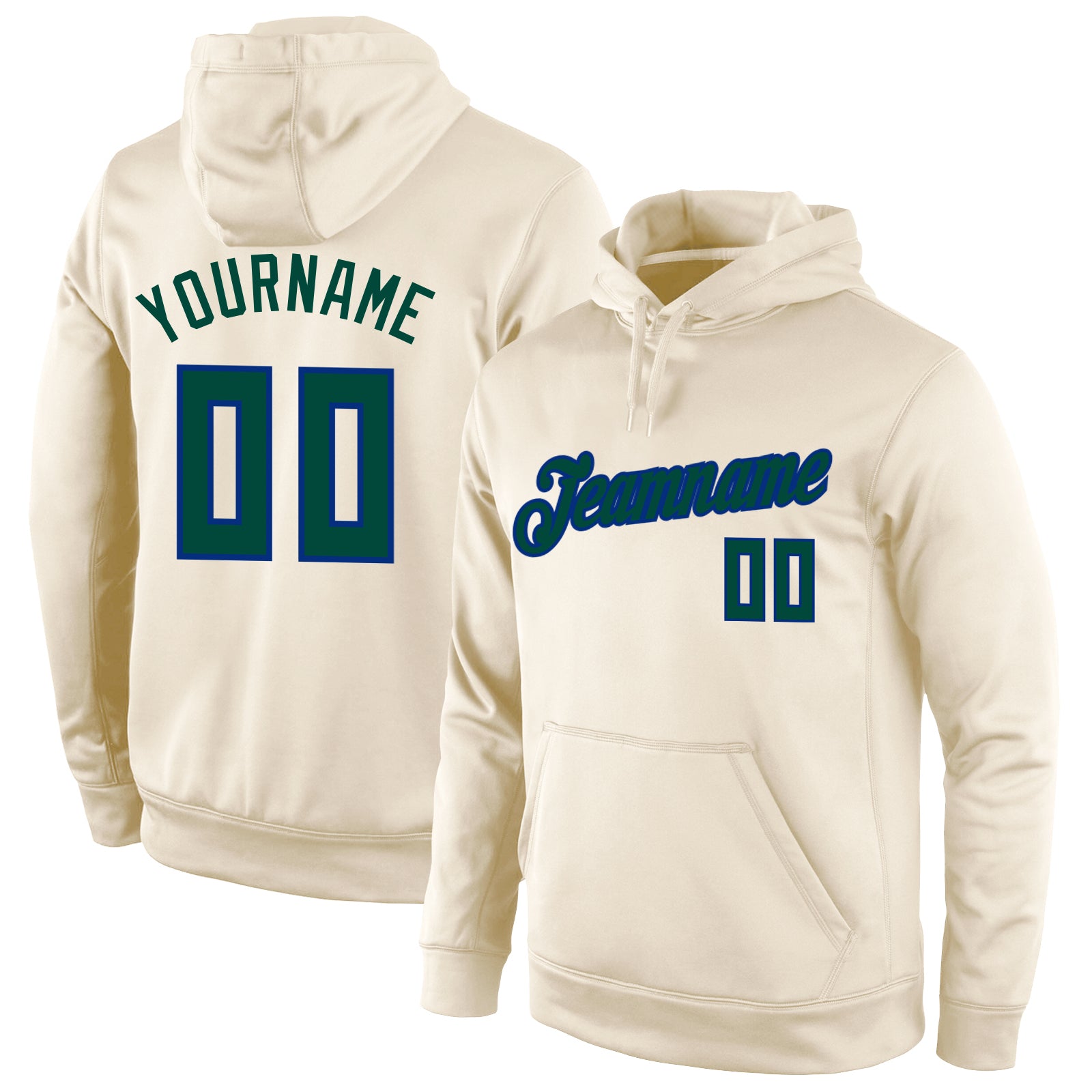 Custom Name Number Pullover Hoodie Sweatshirt in Cream Hunter Green-Royal for Sports Team - Personalized Stitched Design