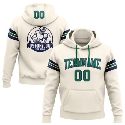 Customizable Football Hoodie Sweatshirt with Stitched Team Name & Number in Cream, Kelly Green & Navy Personalized Stitched