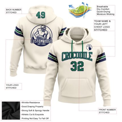 Customizable Football Hoodie Sweatshirt with Stitched Team Name & Number in Cream, Kelly Green & Navy Personalized Stitched