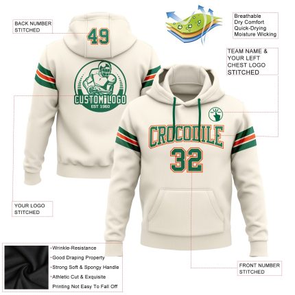 Custom Team Name Number Football Hoodie Stitched Cream Kelly Green-Orange Pullover Sweatshirt Personalized Stitched Cream