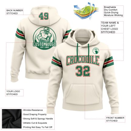 Custom Personalized Football Hoodie Stitched Cream Kelly Green Red Sweatshirt with Team Name and Number Personalized Stitched