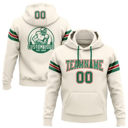 Custom Personalized Football Hoodie Stitched Cream Kelly Green Red Sweatshirt with Team Name and Number Personalized Stitched