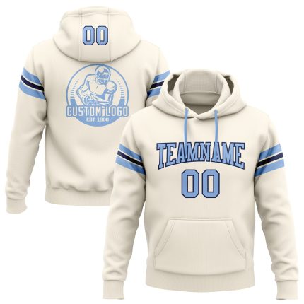Custom Stitched Football Hoodie Sweatshirt with Name & Number - Cream Light Blue Navy Personalized Stitched Cream Light Blue-Navy