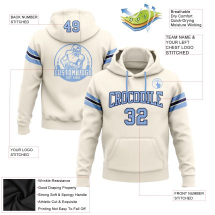 Custom Stitched Football Hoodie Sweatshirt with Name & Number - Cream Light Blue Navy Personalized Stitched Cream Light Blue-Navy