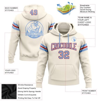 Custom Team Name Number Hoodie Pullover Sweatshirt Light Blue Red Cream Stitched Football Personalized Stitched Cream Light