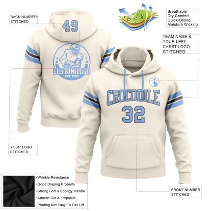 Custom Football Hoodie Sweatshirt with Personalized Name & Number, Stitched Cream Light Blue-Steel Gray Design Personalized