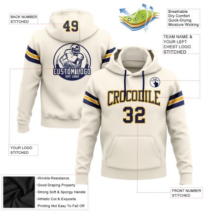 Custom Name Number Football Hoodie Sweatshirt - Personalized Stitched Cream Navy Gold Pullover Personalized Stitched Cream