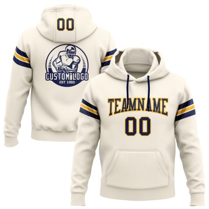 Custom Name Number Football Hoodie Sweatshirt - Personalized Stitched Cream Navy Gold Pullover Personalized Stitched Cream