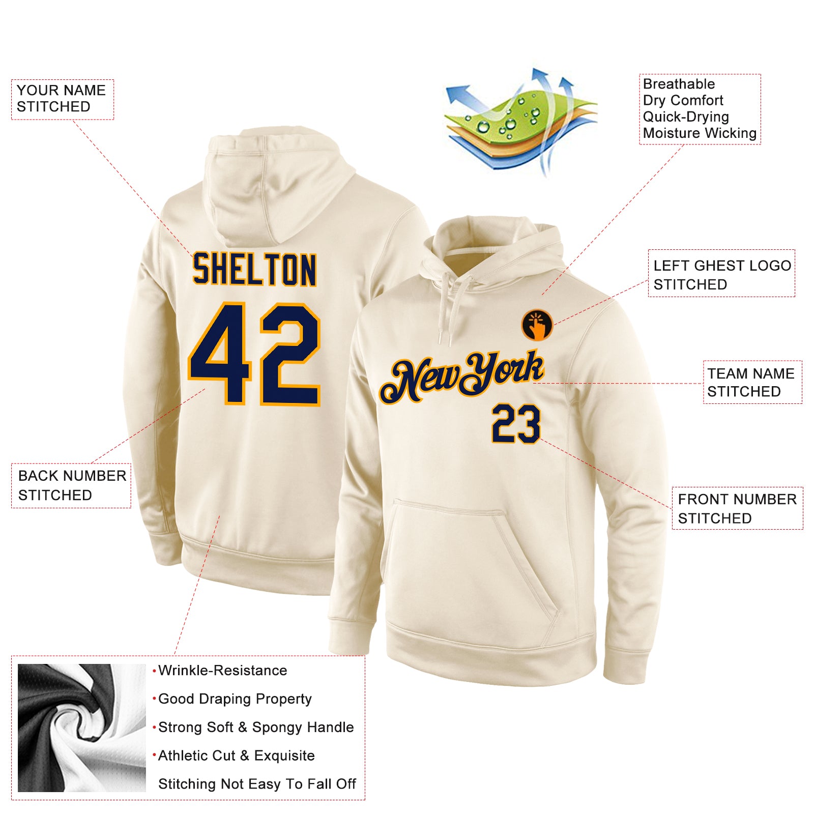 Personalized Stitched Cream Navy-Gold Sports Pullover Sweatshirt Hoodie Team Custom Name and Number Custom Team Name Number Pullover Hoodie Sweatshirt Cream Navy Gold Stitched Sports Apparel Personalized Stitched Cream Navy-Gold - Image 4