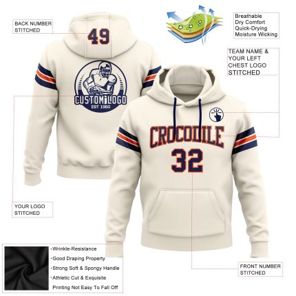 Custom Football Pullover Hoodie with Name & Number - Personalized Stitched Crew Sweatshirt in Cream, Navy, and Orange Personalized