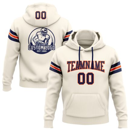 Custom Football Pullover Hoodie with Name & Number - Personalized Stitched Crew Sweatshirt in Cream, Navy, and Orange Personalized