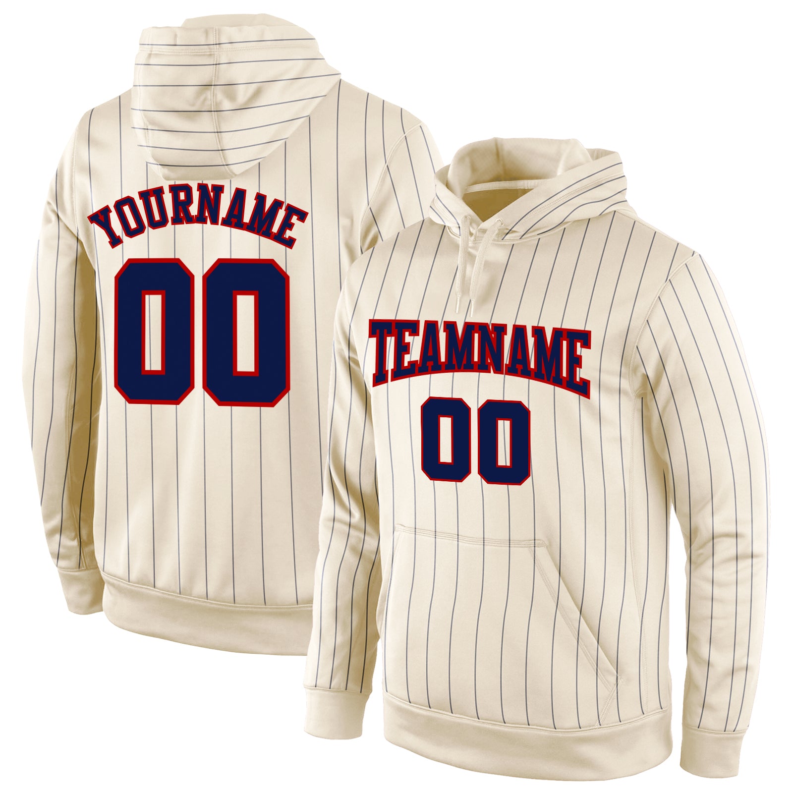 Custom Name Number Sports Hoodie Pullover Sweatshirt Navy Red Stitched Cream Pinstripe Team Apparel Personalized Stitched