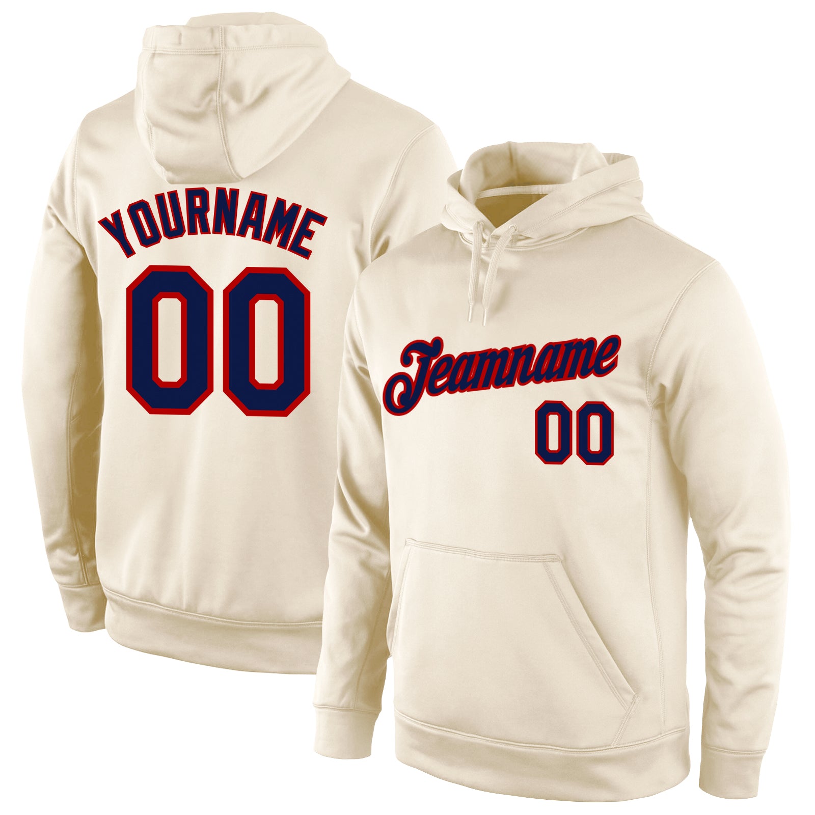 Custom Name and Number Sports Pullover Hoodie, Personalized Cream Navy-Red Stitched Sweatshirt Personalized Stitched Cream
