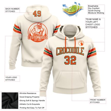 Custom Football Hoodie Personalized Stitched Sweatshirt with Name and Number in Cream and Orange-Kelly Green Personalized