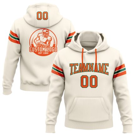 Custom Football Hoodie Personalized Stitched Sweatshirt with Name and Number in Cream and Orange-Kelly Green Personalized